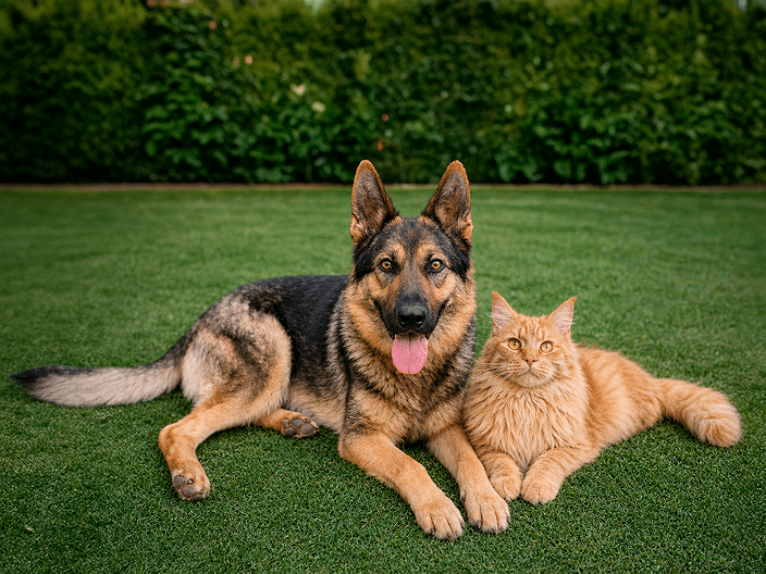Perro y gato Perro de raza Pastor Aléman y gato de raza Maine Coon
