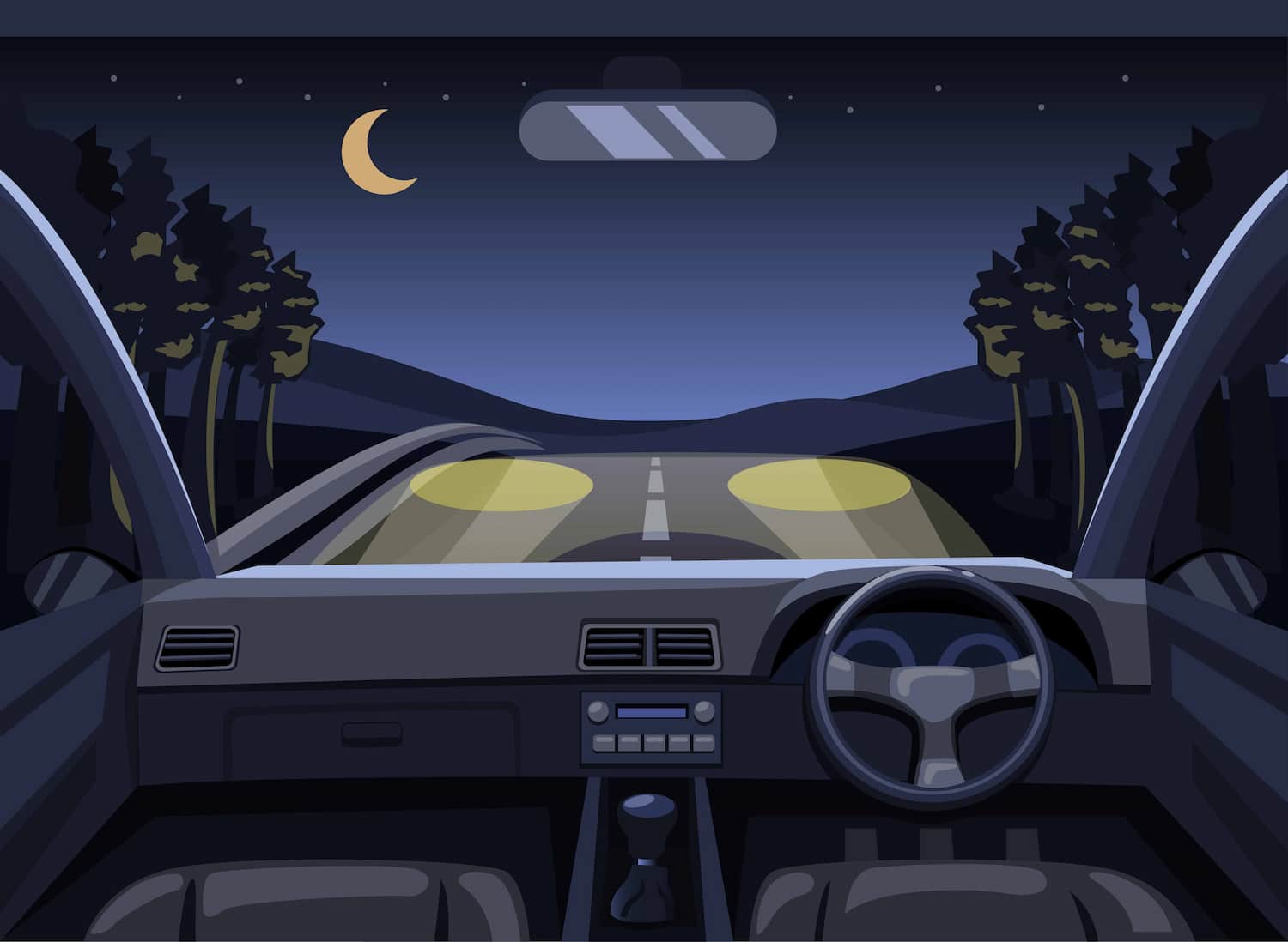 iStock-1299430977 (1) Ilustración de el interior de un coche que circula por la noche