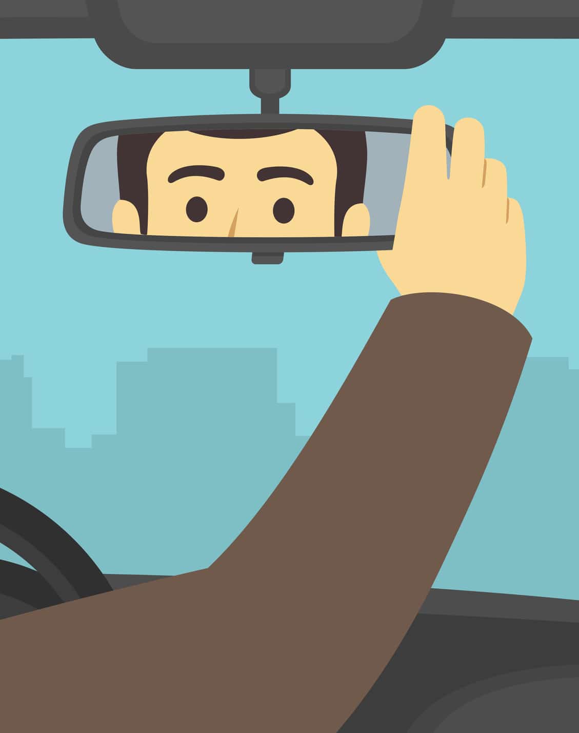 Male car driver adjusting rear view mirror in a car. Close-up back view of a driver checking rear mirror. Ilustración del retrovisor interno del coche, en el que se ve reflejado el conductor