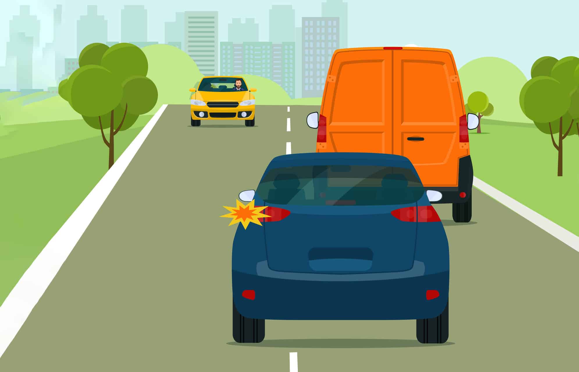 The car is going to overtake on a suburban highway. Vector flat style illustration.