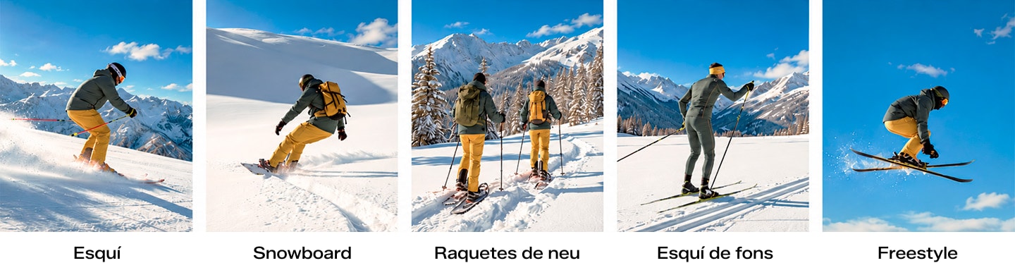 Foto collage esquí, surf de neu, raquetes de neu, esquí de fons i esquí snow freestyle