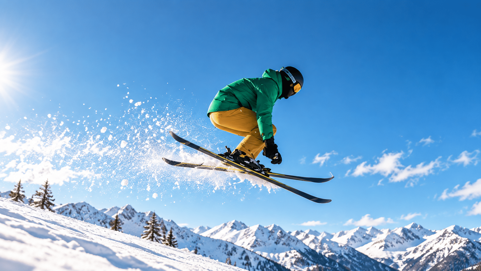 Esquiador realizando un salto de freestyle en una estación de esquí rodeada de montañas nevadas.