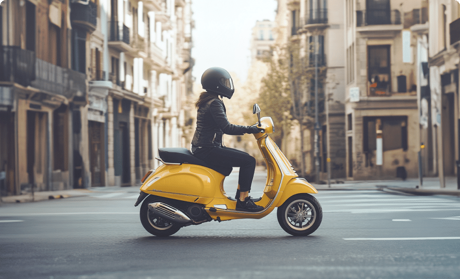Mujer con casco conduciendo una moto de color amarillo por la ciudad
