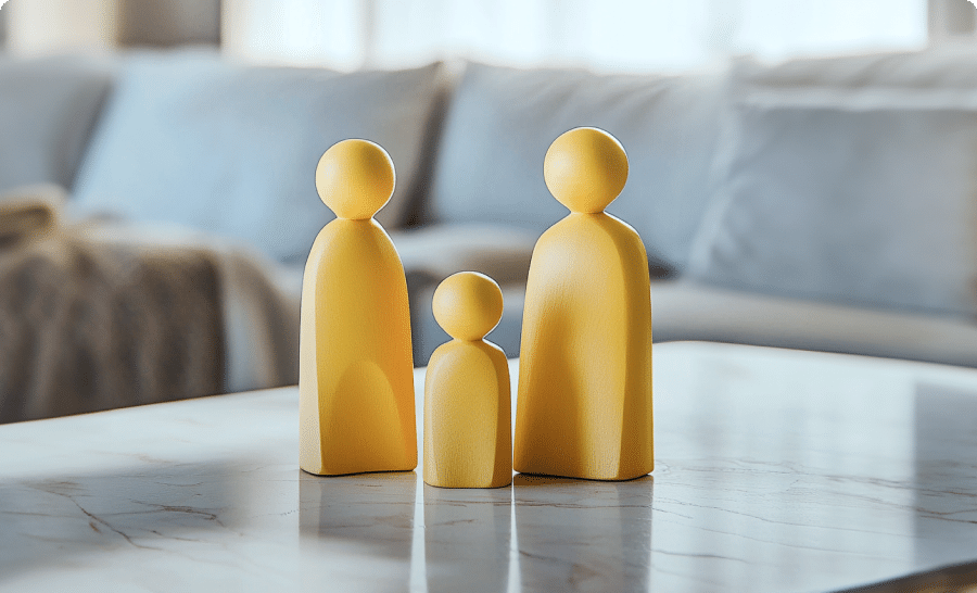 Muñecos minimalistas de color amarillo encima de una mesa del salón de una vivienda