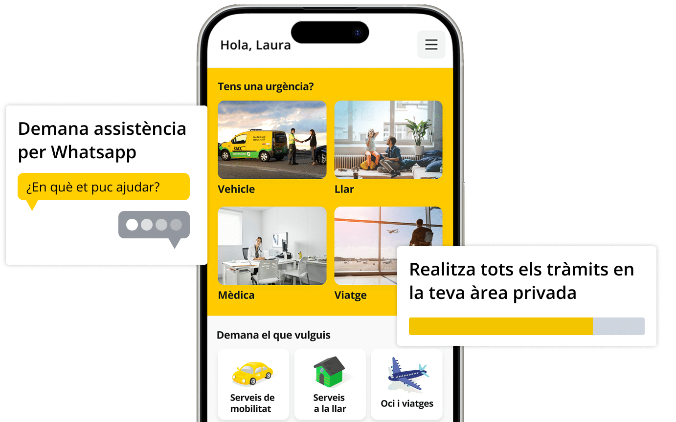 Pantalla de mòbil mostrant la pantalla principal de l'app del RACC i algunes de les seves funcionalitats.