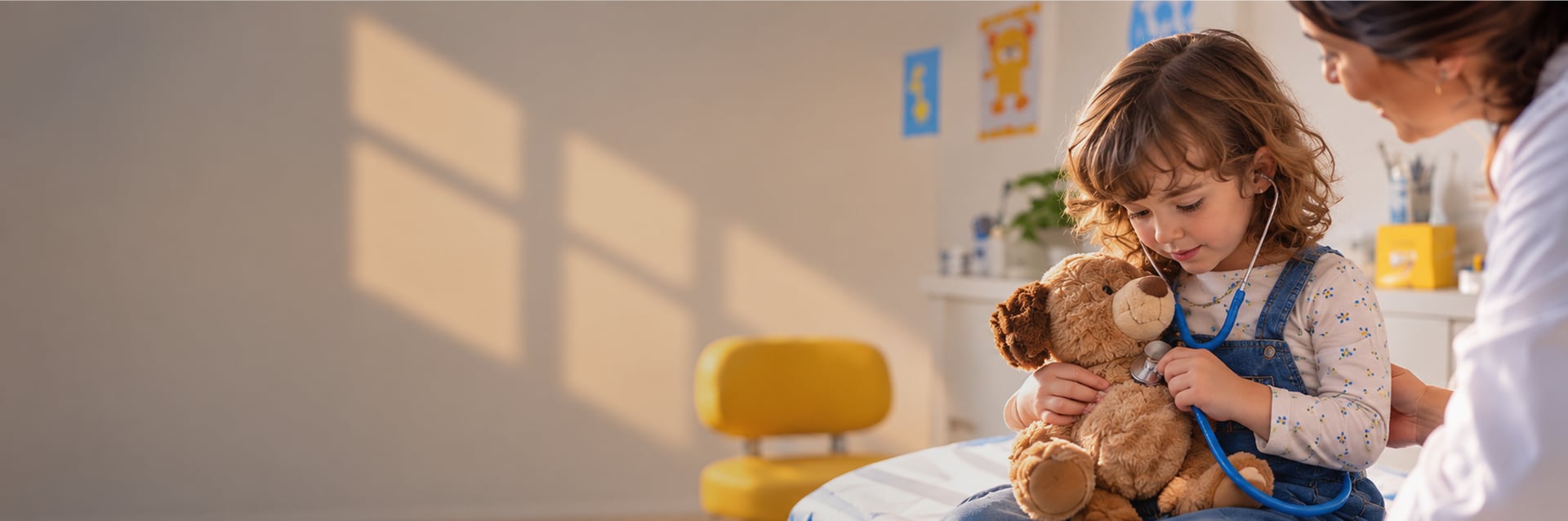 Niña jugando a ser médica mientras escucha con un estetoscopio a su peluche, acompañada por una profesional sanitaria.