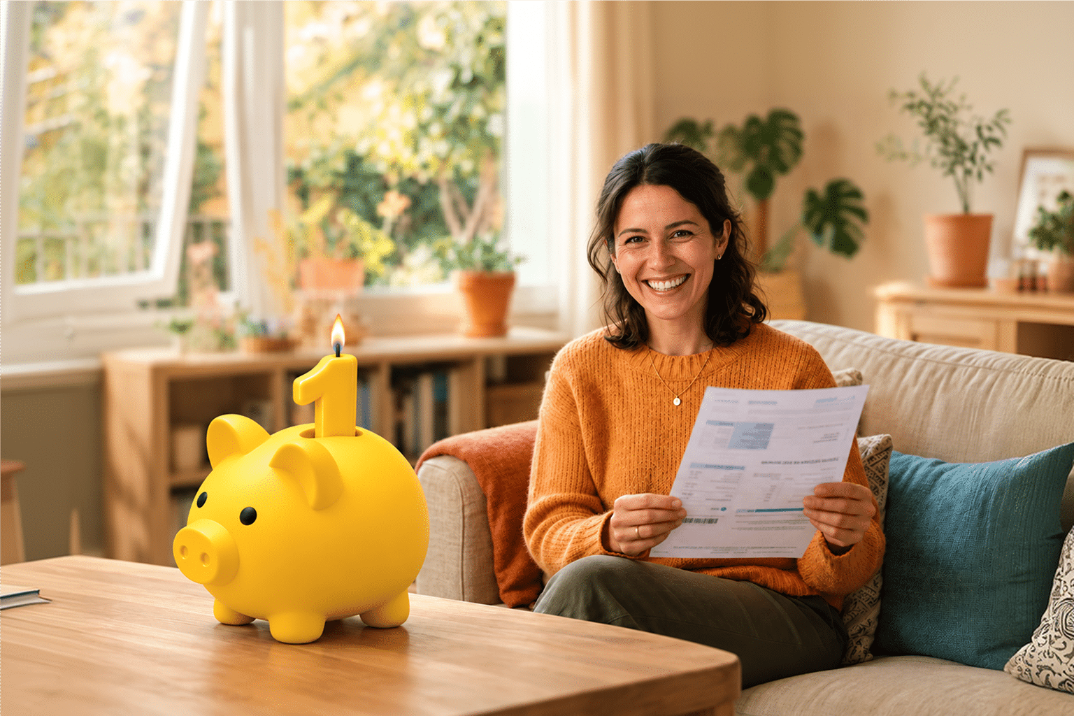 Mujer sonriente sosteniendo una factura energética 2